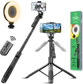 Phone Tripod 62" Selfie Stick for iPhone with Remote and 3W LED Light, Universal Mount, Phone Stand for Recording & Streaming, Tripod for iPhone & And